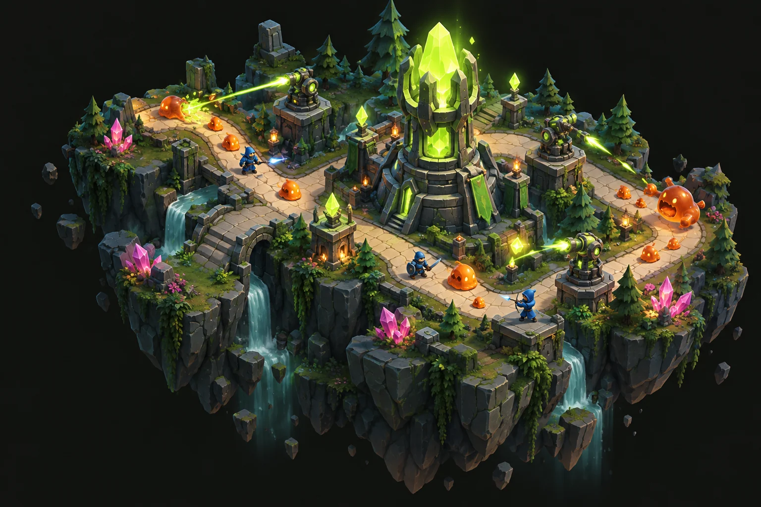 Original concept illustration of a floating tower-defense island, with a glowing green crystal tower, winding paths, and tiny adventurers.